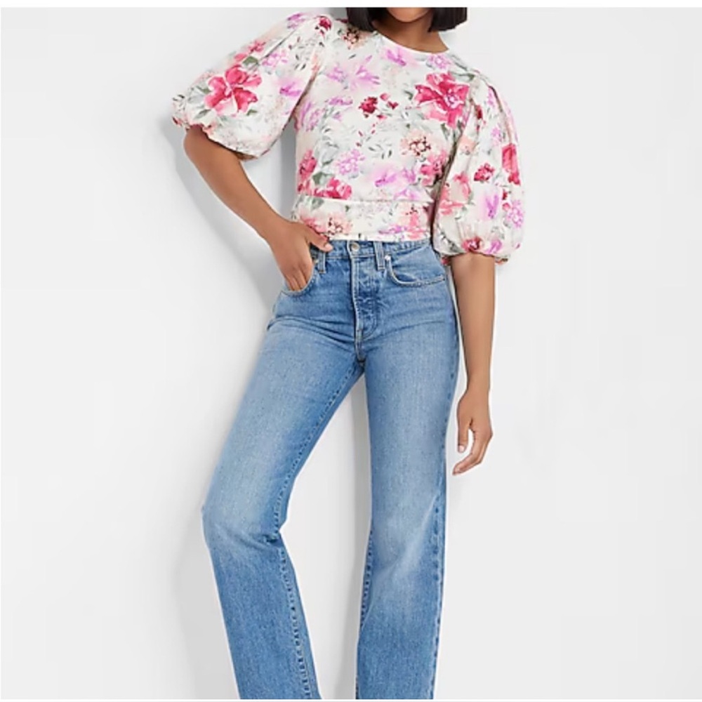 Express Puff Sleeve Floral Tie Back Top Size Small - Picture 4 of 15